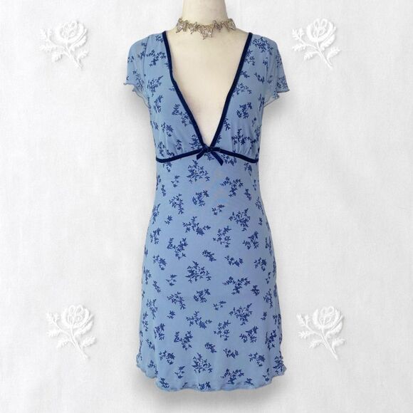 Motel Light Dark Blue Whimsygoth Crushed Velvet Floral Mini Mesh Dress S - Picture 1 of 7